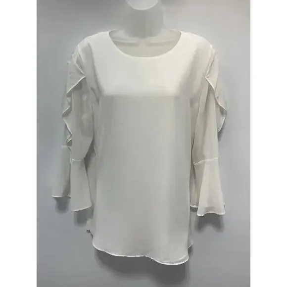 Calvin Klein White Ruffle Sleeve Lined Blouse EUC Size Large - Picture 1 of 8